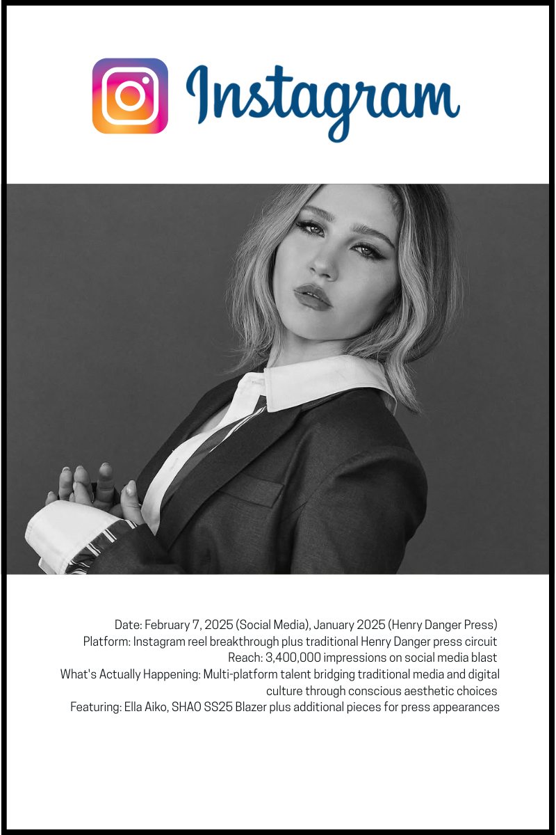 Ella Aiko in SHAO SS25 black blazer with white collar and cuffs, wearing silver bangles, black and white portrait