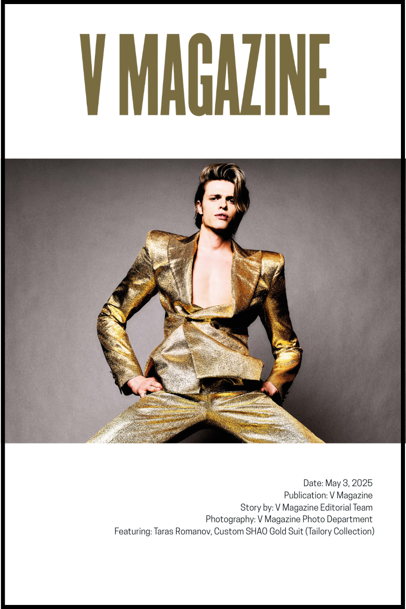 Taras Romanov in custom SHAO gold metallic suit from Tailory Collection for V Magazine editorial