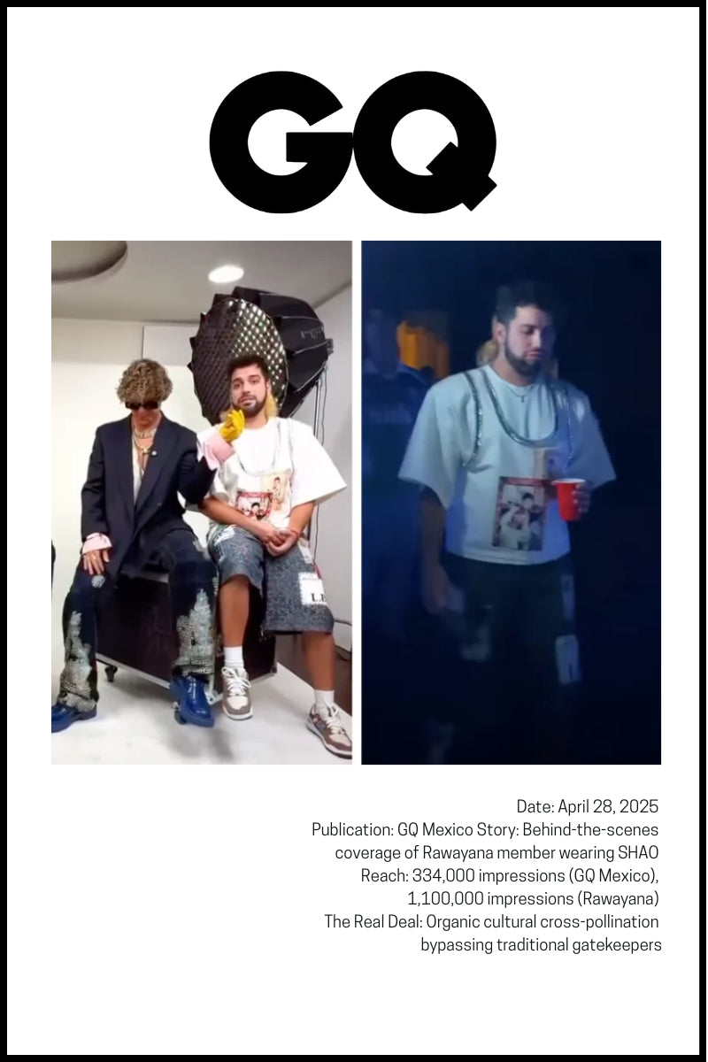 A member of Rawayana wears SHAO in a behind-the-scenes feature for GQ Mexico, highlighting cross-cultural creative collaboration.