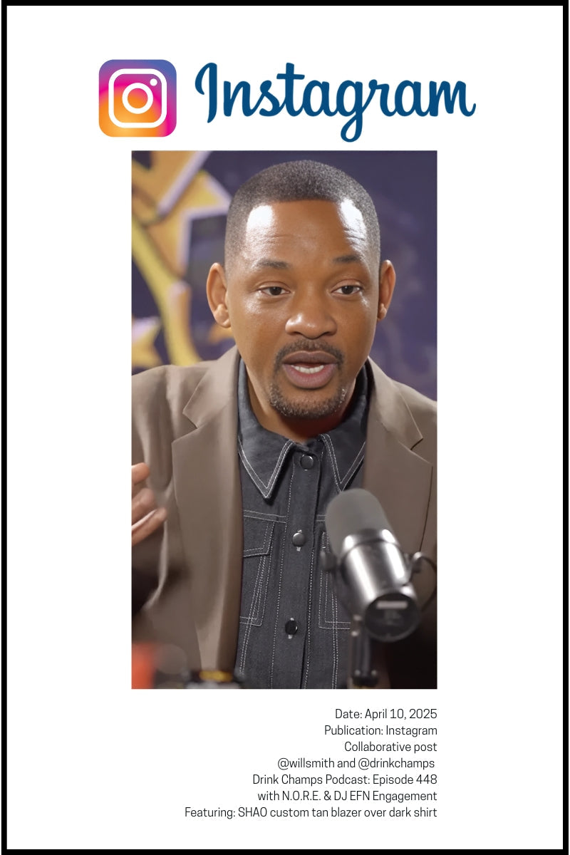 Will Smith wears a SHAO custom tan blazer over a dark shirt during his Drink Champs podcast appearance, shared on Instagram.
