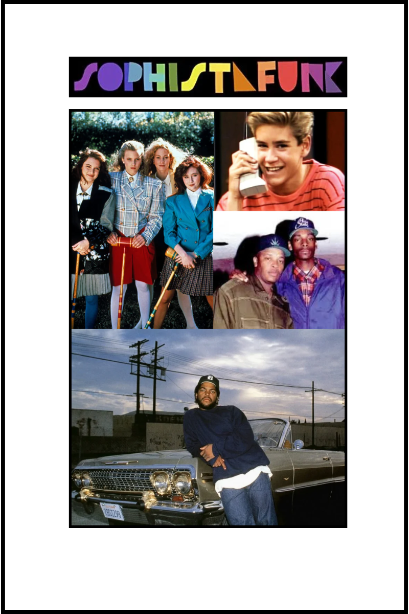 A collage titled SOPHISTAFUNK featuring 1980s and 1990s pop culture icons from film, television, and hip-hop.