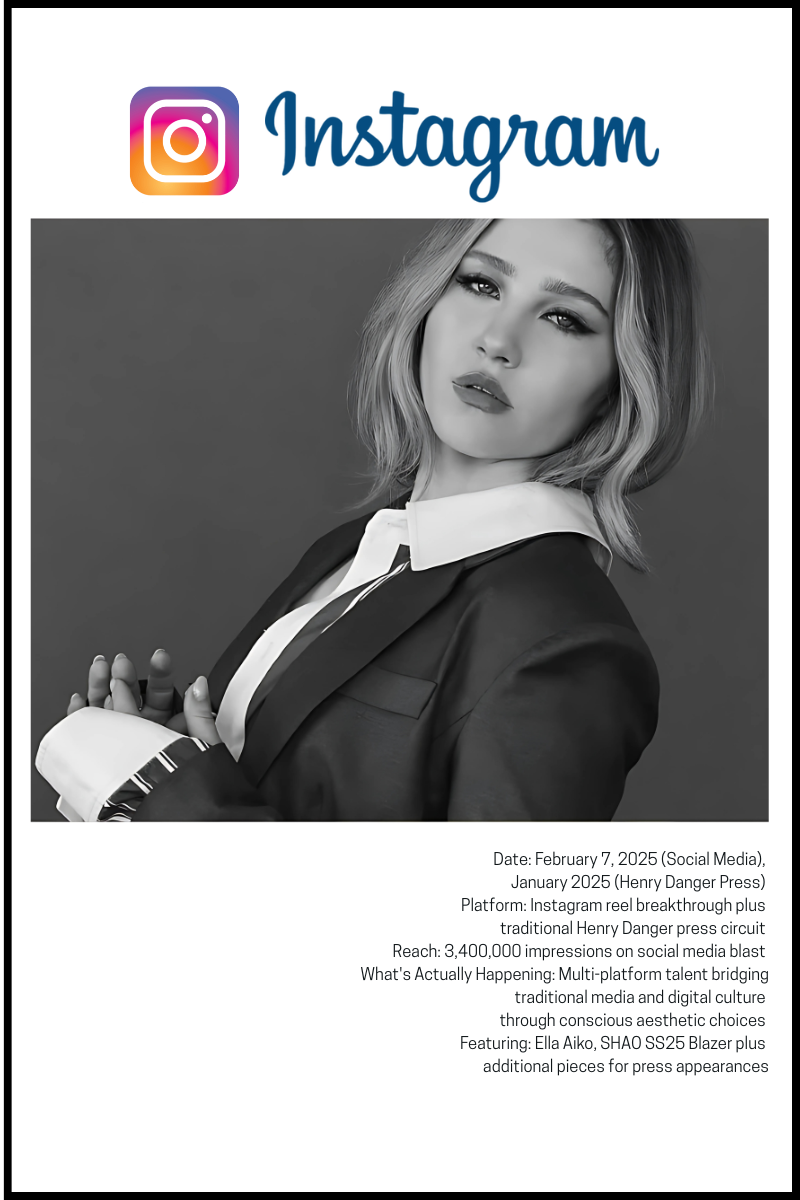 Ella Aiko wears a SHAO SS25 blazer in a sleek Instagram feature tied to her Henry Danger press appearances.