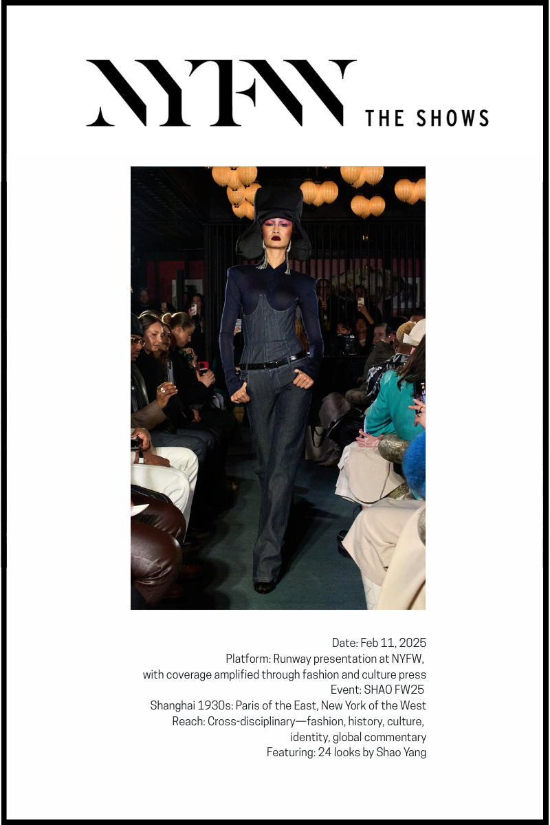 A model walks the runway at NYFW showcasing Shao Yang’s FW25 collection.