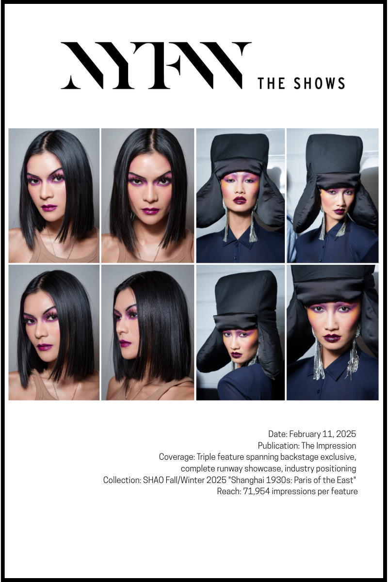 Backstage beauty portraits from SHAO Fall/Winter 2025 NYFW show, featuring bold makeup, sleek black bobs, and dramatic headpieces, published in The Impression.