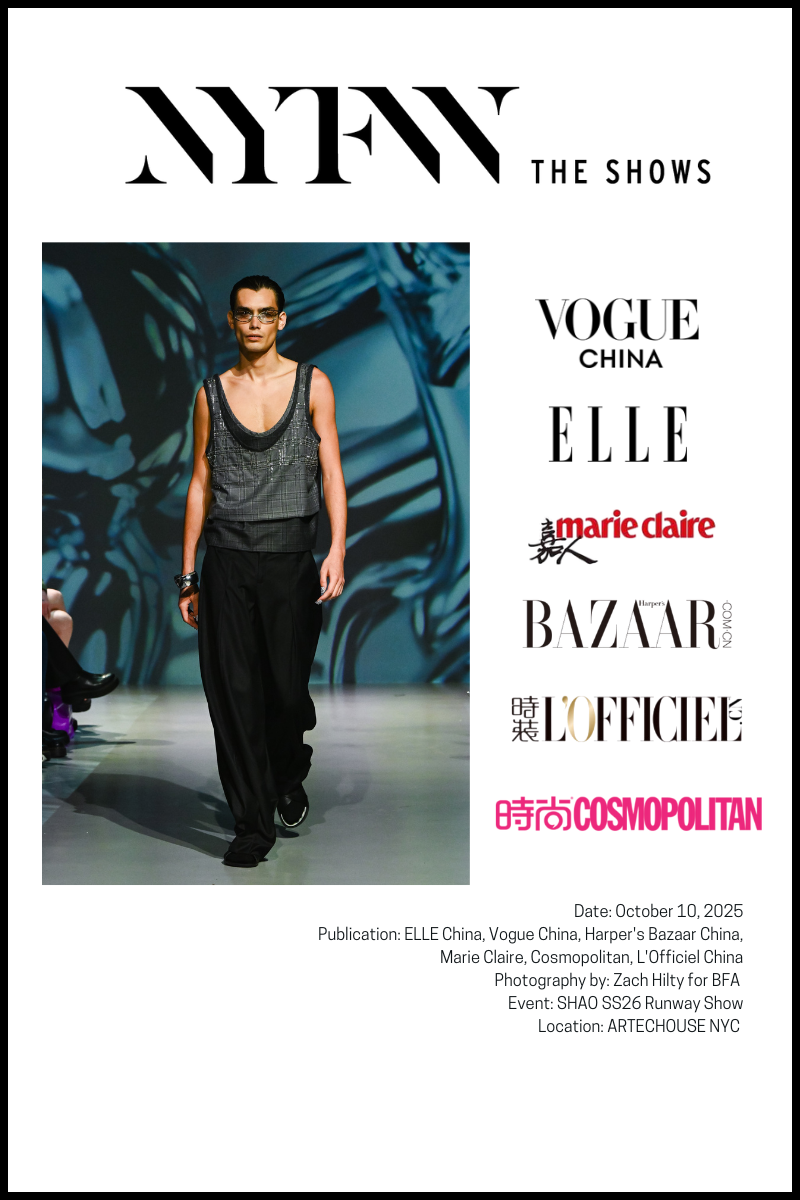 fashion model walking the runway during a NYFW show, wearing a bold, dark outfit. There is text overlay related to a blog or article.