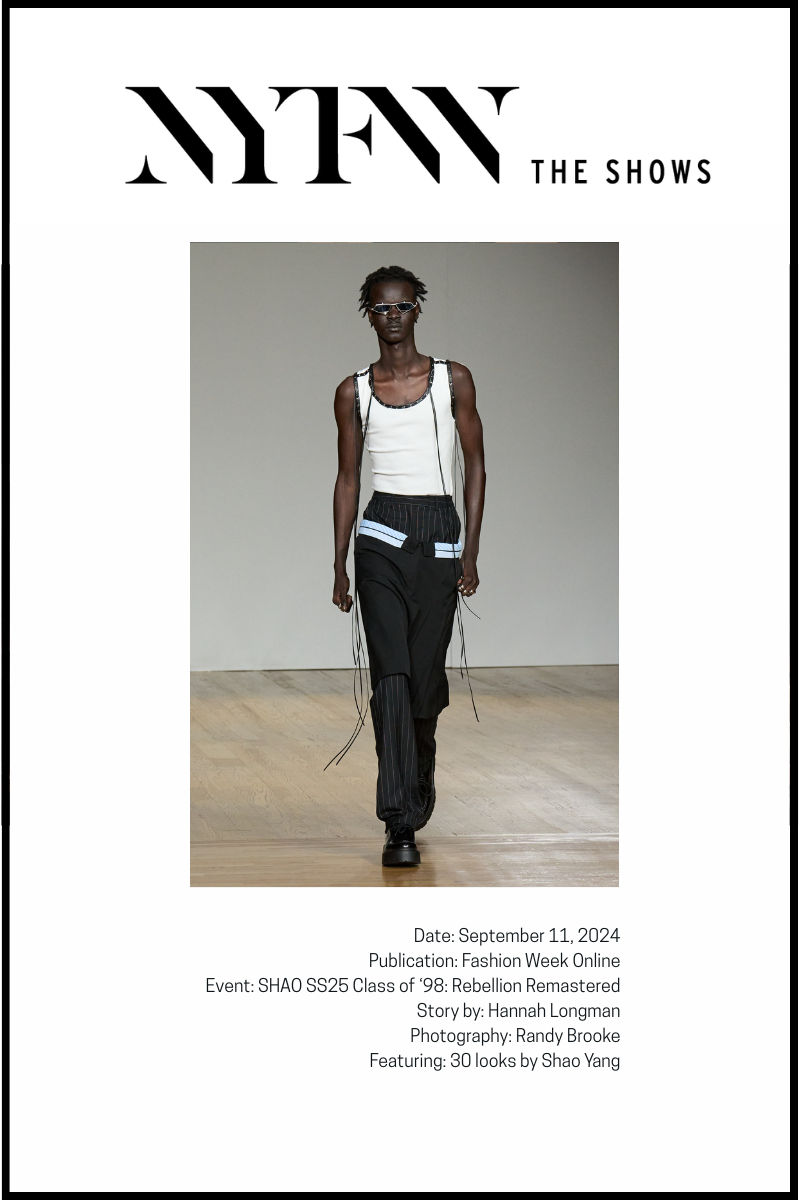 A model presents a Shao Yang SS25 look on the runway at NYFW.