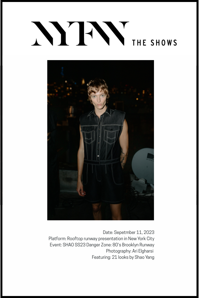 A model showcases Shao Yang’s SS24 collection on a rooftop runway in New York City.