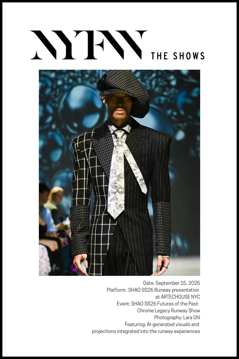 A model walks the runway in a bold pinstripe look from Shao Yang’s Futures of the Past: Chrome Legacy SS26 show at NYFW.