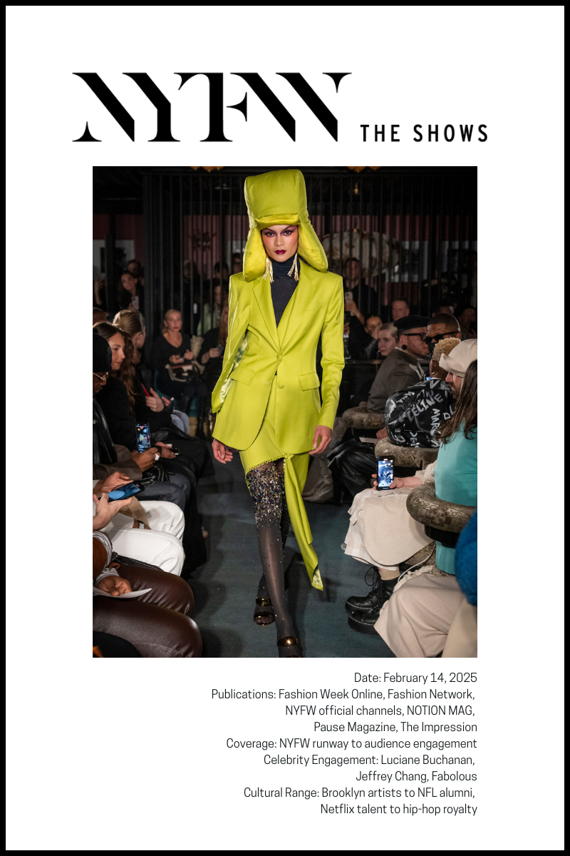 Model walks the runway in a bright lime green suit with a matching headpiece and a sparkling skirt.
