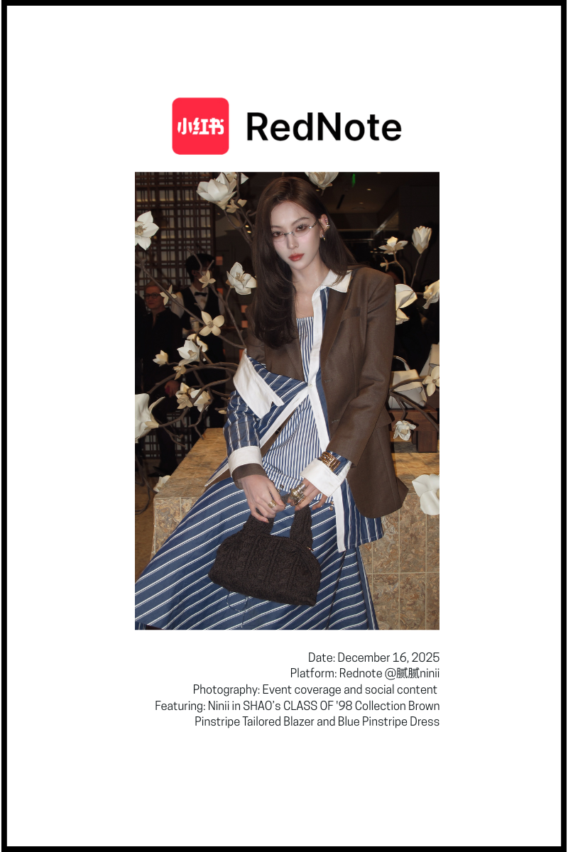 Ninii wearing SHAO CLASS OF '98 Brown Pinstripe Tailored Blazer over Blue Pinstripe Dress