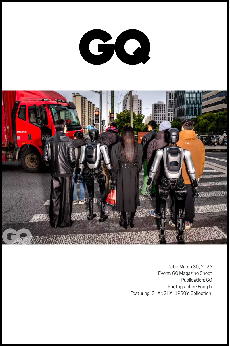 Models and humanoid robots at a Shanghai crosswalk wearing SHAO SHANGHAI 1930’s Collection for GQ.