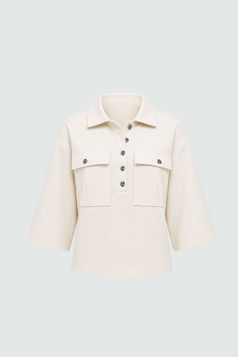 Cream Textured Pocket Polo Top