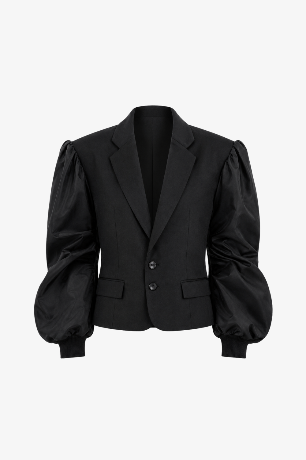 Hybrid Bomber Sleeve Blazer in black featuring sculptural voluminous sleeves, tailored lapels, structured silhouette, two-button closure, and SHAO New York bespoke tailoring craftsmanship.