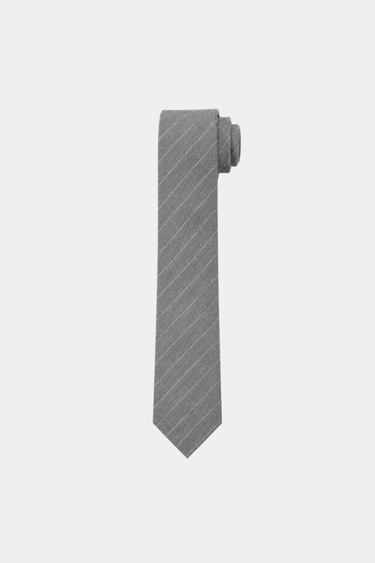 Grey Pinstripe Tie 10cm featuring a refined diagonal pinstripe pattern on a textured grey fabric, epitomizing SHAO New York bespoke tailoring and luxury designer fashion.