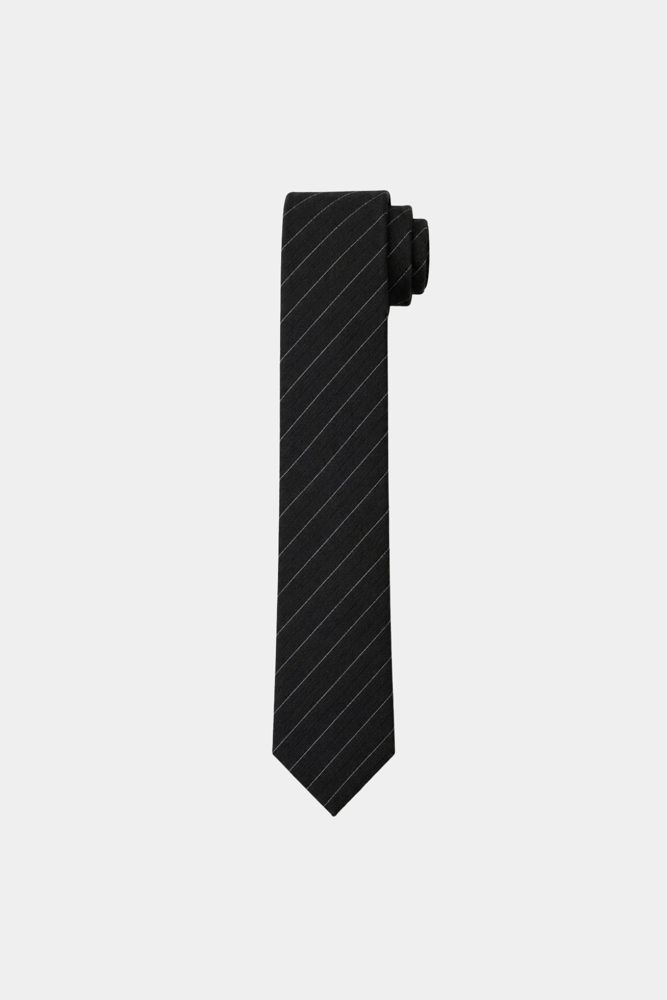 Black Pinstripe Tie 10cm featuring subtle diagonal pinstripes on a sleek black fabric, embodying refined New York bespoke tailoring and luxury designer fashion.