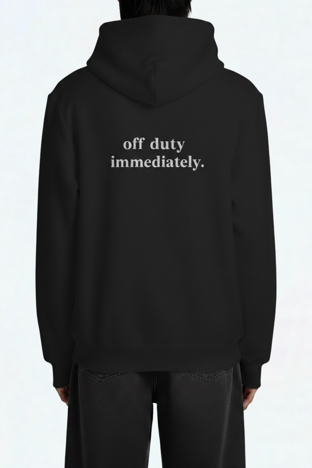 Black Year of the Horse Graphic Hoodie in deep black fabric featuring minimalist white text "off duty immediately." on the back, reflecting SHAO New York’s luxury designer fashion with a relaxed, contemporary vibe.