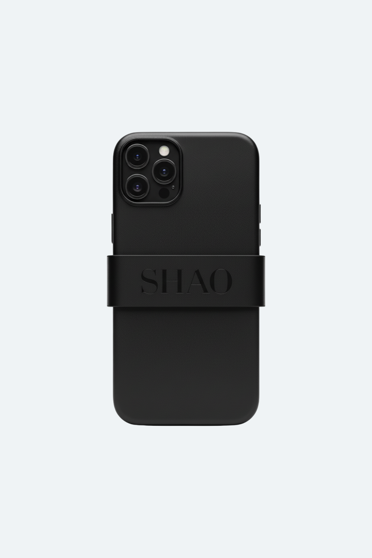 Matte Black Leather Phone Case with a smooth texture and a wide strap embossed with SHAO branding, combining minimalist luxury design and refined New York tailoring.