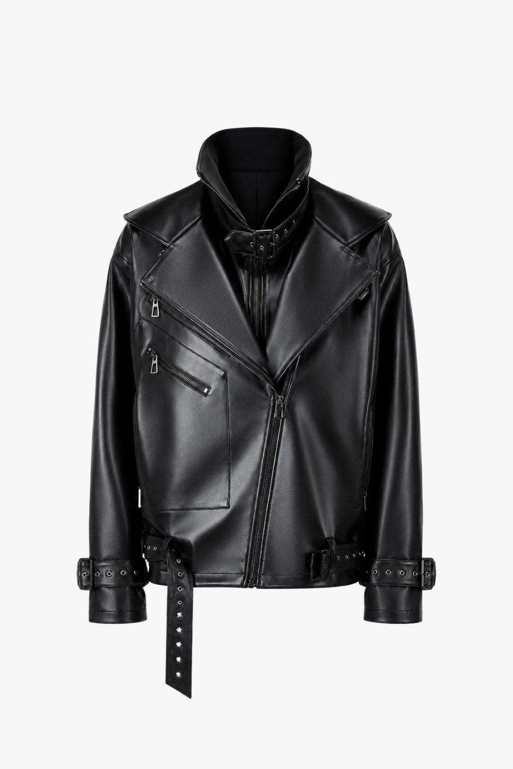 Front view of the Vegan Leather Oversized Biker Coat in black with sculptural lapels, multiple zippered pockets, adjustable buckle details, and a sleek silhouette showcasing SHAO New York luxury designer fashion.