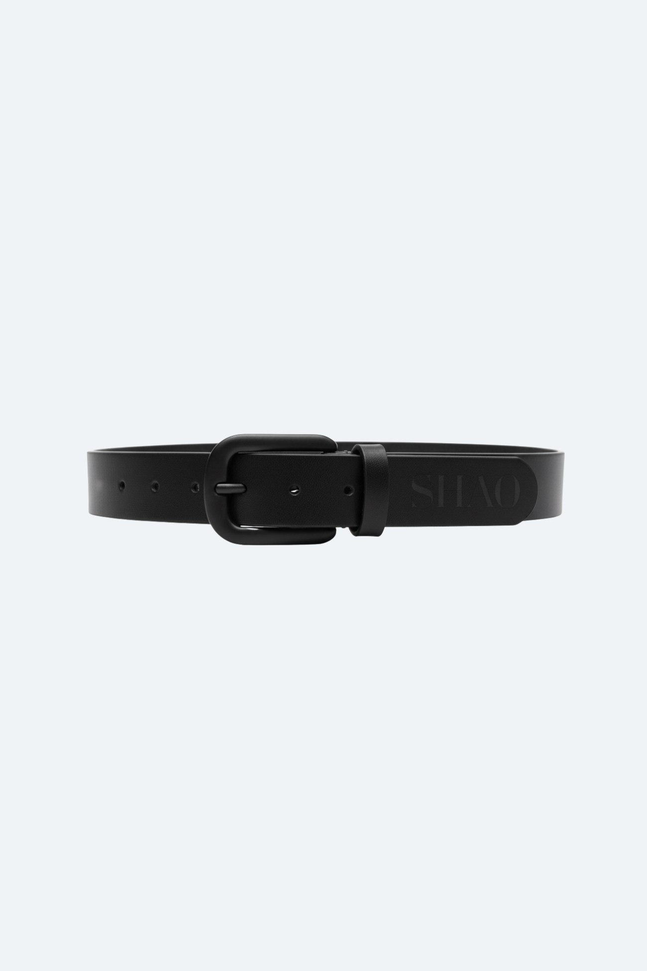 Matte Black Leather Belt with a sleek matte finish, featuring a minimalist black buckle and subtle embossed SHAO branding, exemplifying refined luxury designer fashion.