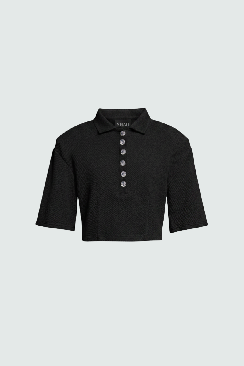 Black Textured Cropped Polo Top