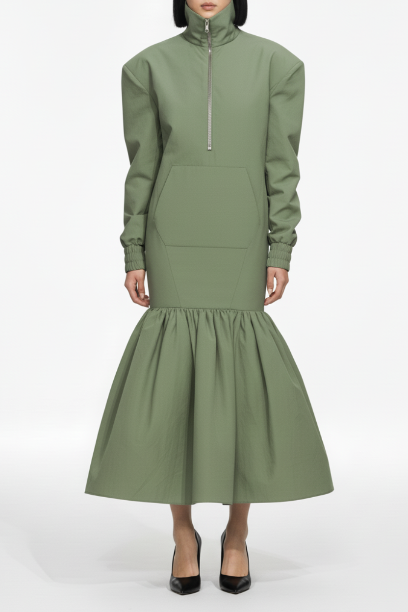 Front view of Sage Green Utility Anorak Jacket Dress featuring a high neck zip closure, exaggerated shoulders, elastic cuff sleeves, and a voluminous gathered skirt showcasing SHAO New York bespoke tailoring and luxury designer fashion.