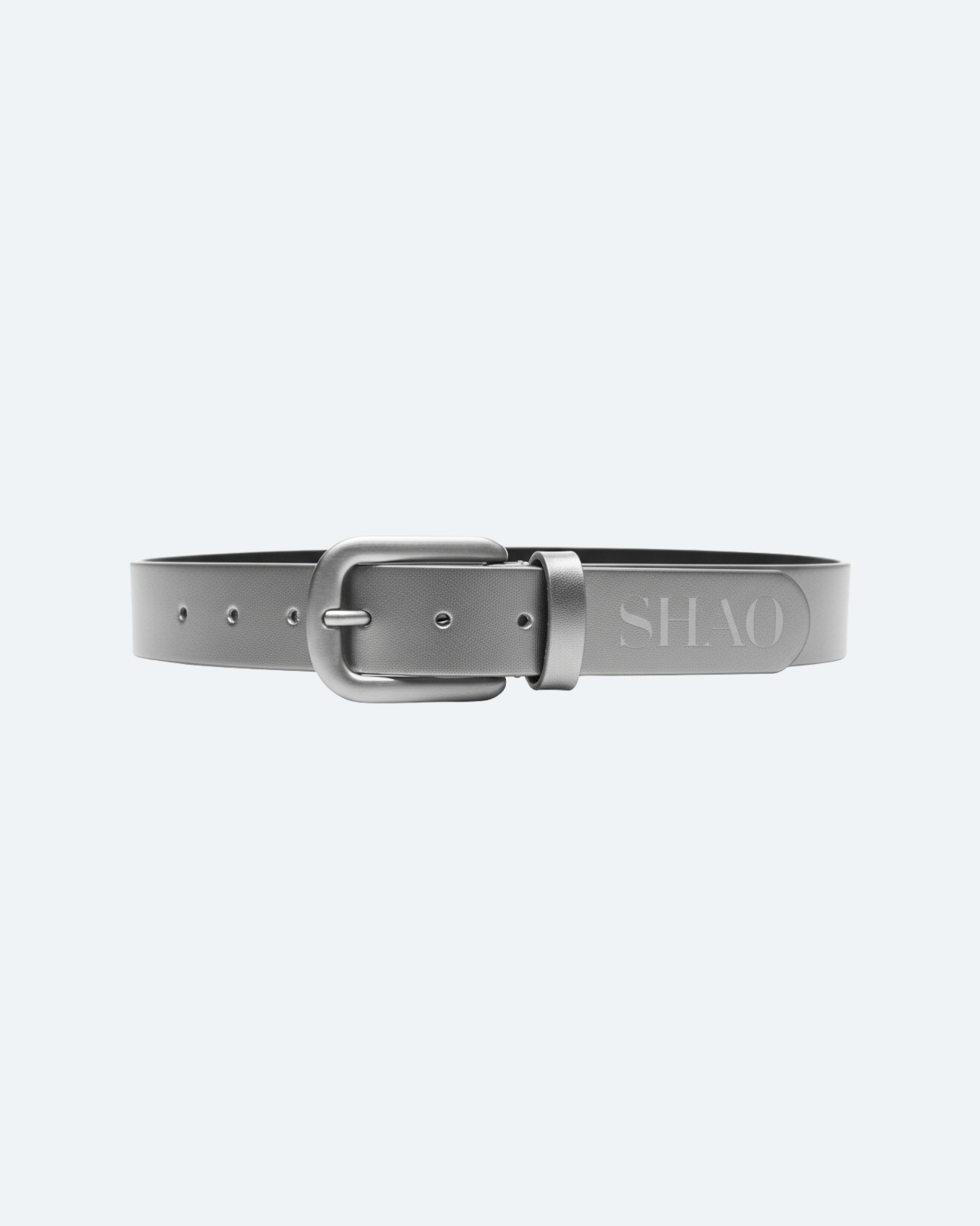 Matte Silver Leather Belt featuring a subtle embossed SHAO logo, a smooth matte finish, and a rounded metal buckle, embodying refined luxury designer fashion and bespoke New York tailoring.