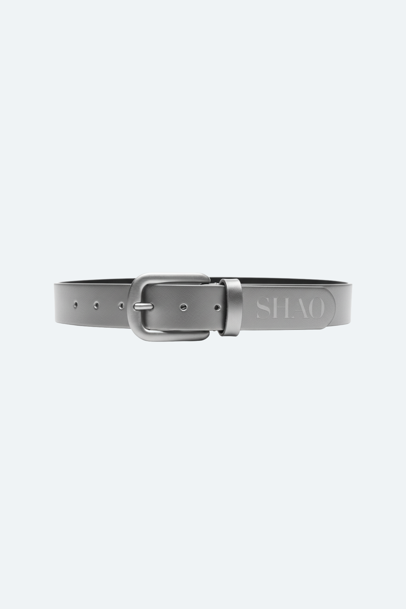 Matte Silver Leather Belt featuring a subtle embossed SHAO logo, a smooth matte finish, and a rounded metal buckle, embodying refined luxury designer fashion and bespoke New York tailoring.