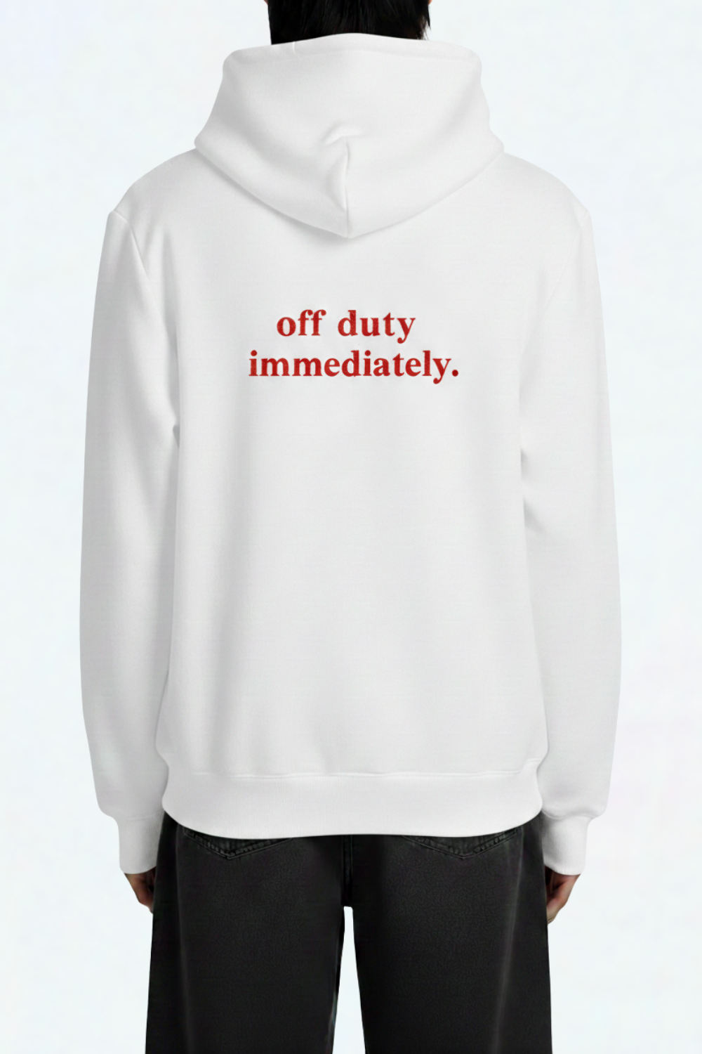 White Year of the Horse Graphic Hoodie in crisp white fabric featuring bold red "off duty immediately." text on the back, offering a relaxed take on luxury designer fashion.