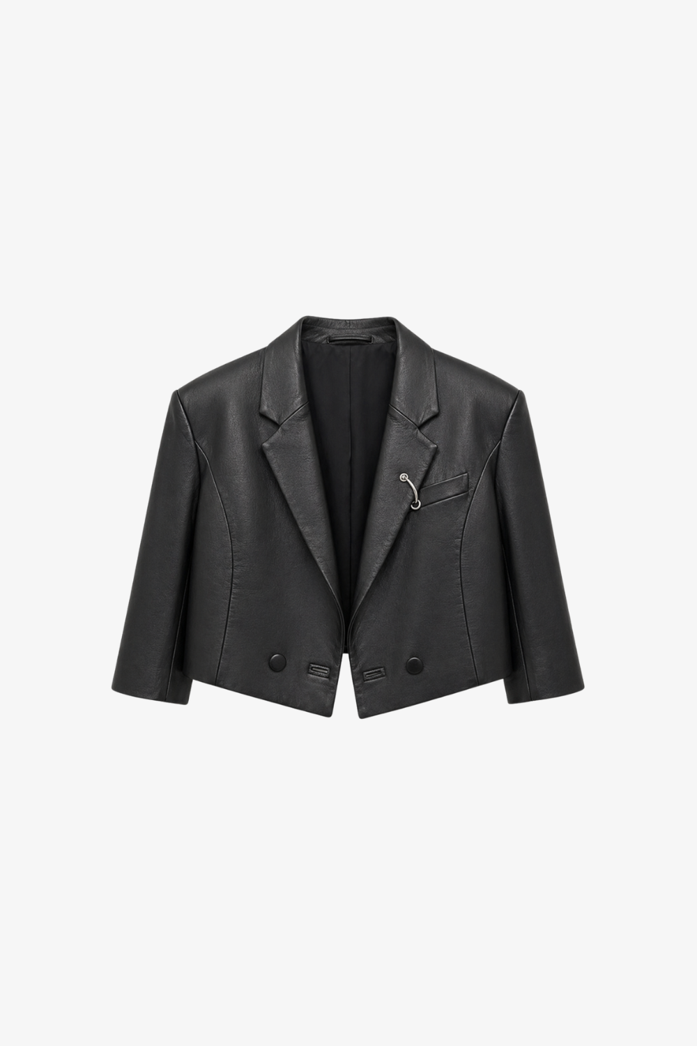 Cropped Leather Double-Button Blazer with Piercing Detail in black leather, featuring a sharp tailored collar, sculptural cropped silhouette, double-button closure, and a unique silver-toned piercing accent.