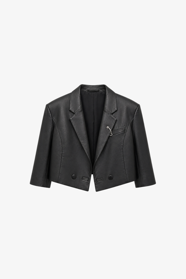 Cropped Leather Double-Button Blazer with Piercing Detail in black leather, featuring a sharp tailored collar, sculptural cropped silhouette, double-button closure, and a unique silver-toned piercing accent.