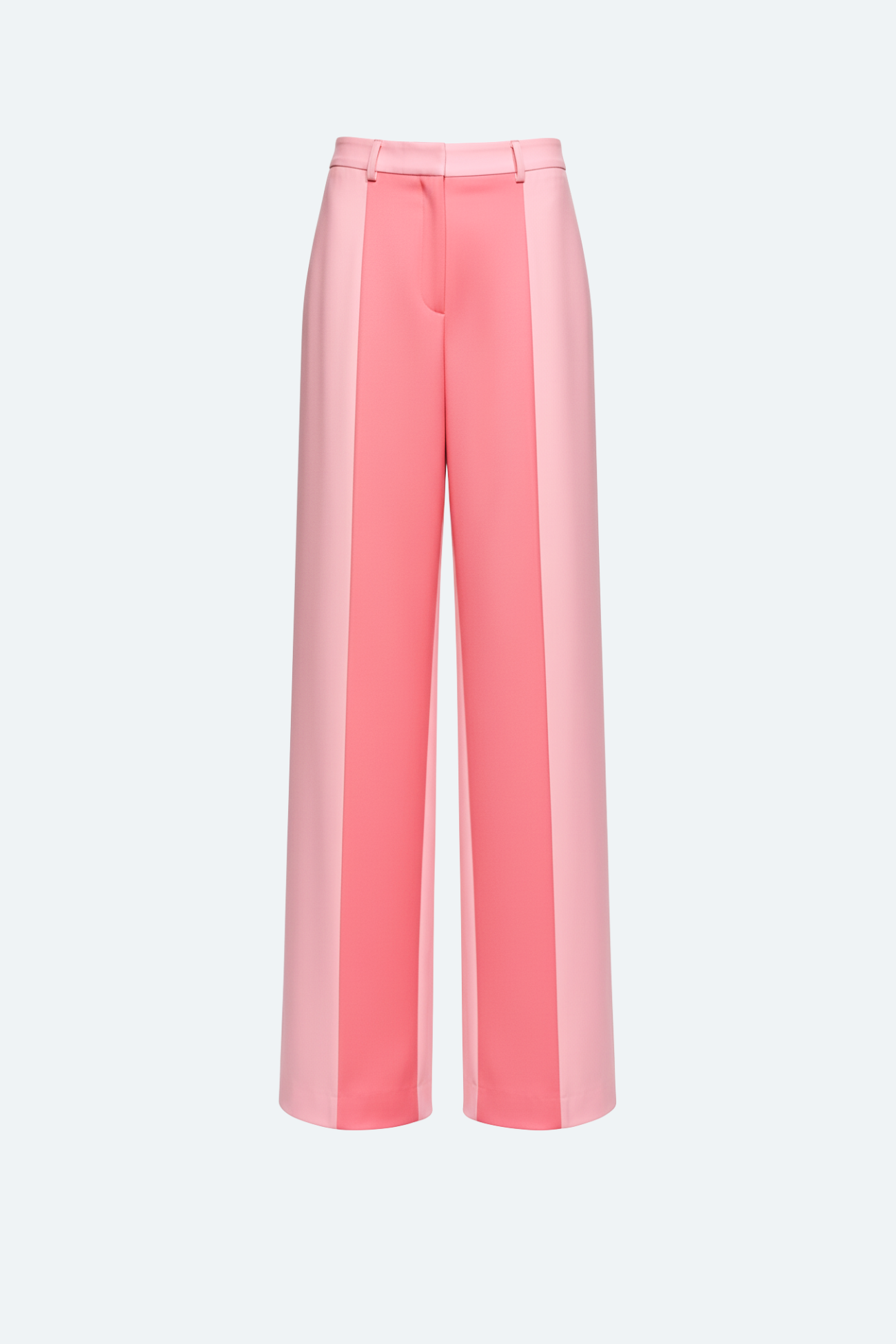 Front view of Black Bi-Tonal Trousers in soft pink and coral panels, featuring wide legs, clean lines, and expert bespoke tailoring by SHAO New York with a refined sculptural silhouette.
