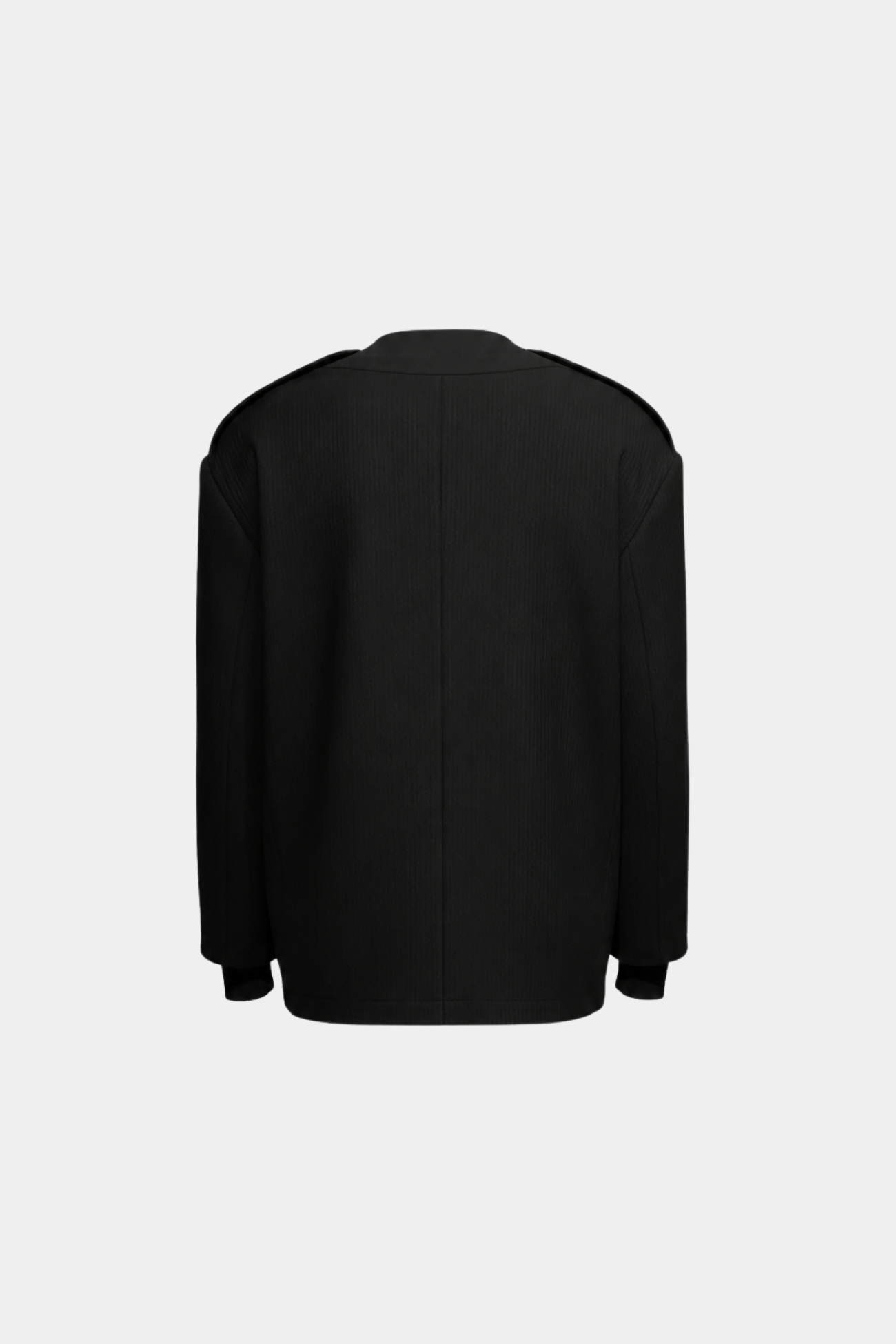 Back view of Black Military-Style Utility Cardigan showcasing a minimalist design with subtle textural details and structured shoulders, reflecting SHAO New York bespoke tailoring and luxury designer fashion.