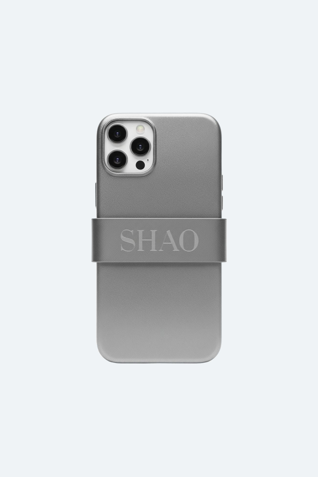 Matte Silver Leather Phone Case featuring a smooth textured finish and a wide strap embossed with SHAO branding, reflecting refined luxury designer fashion from SHAO New York.