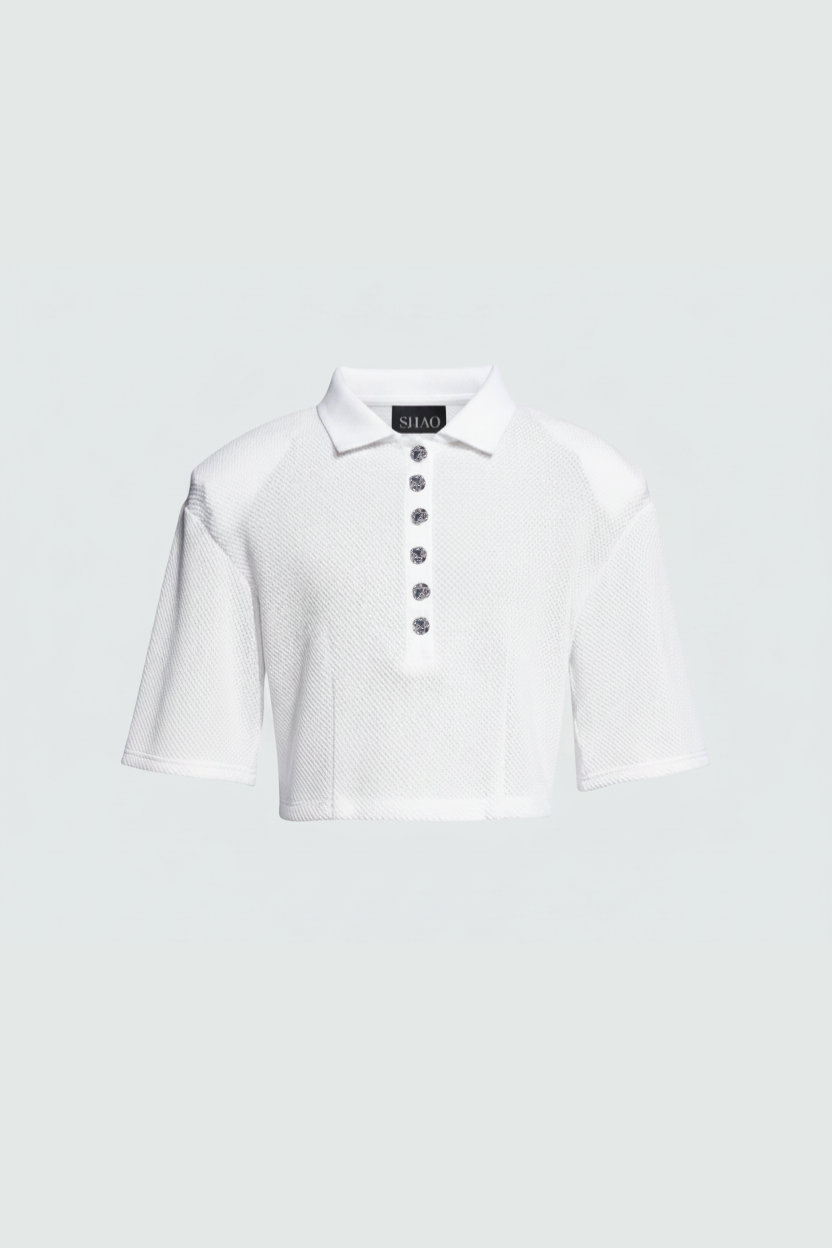White Textured Cropped Polo Top