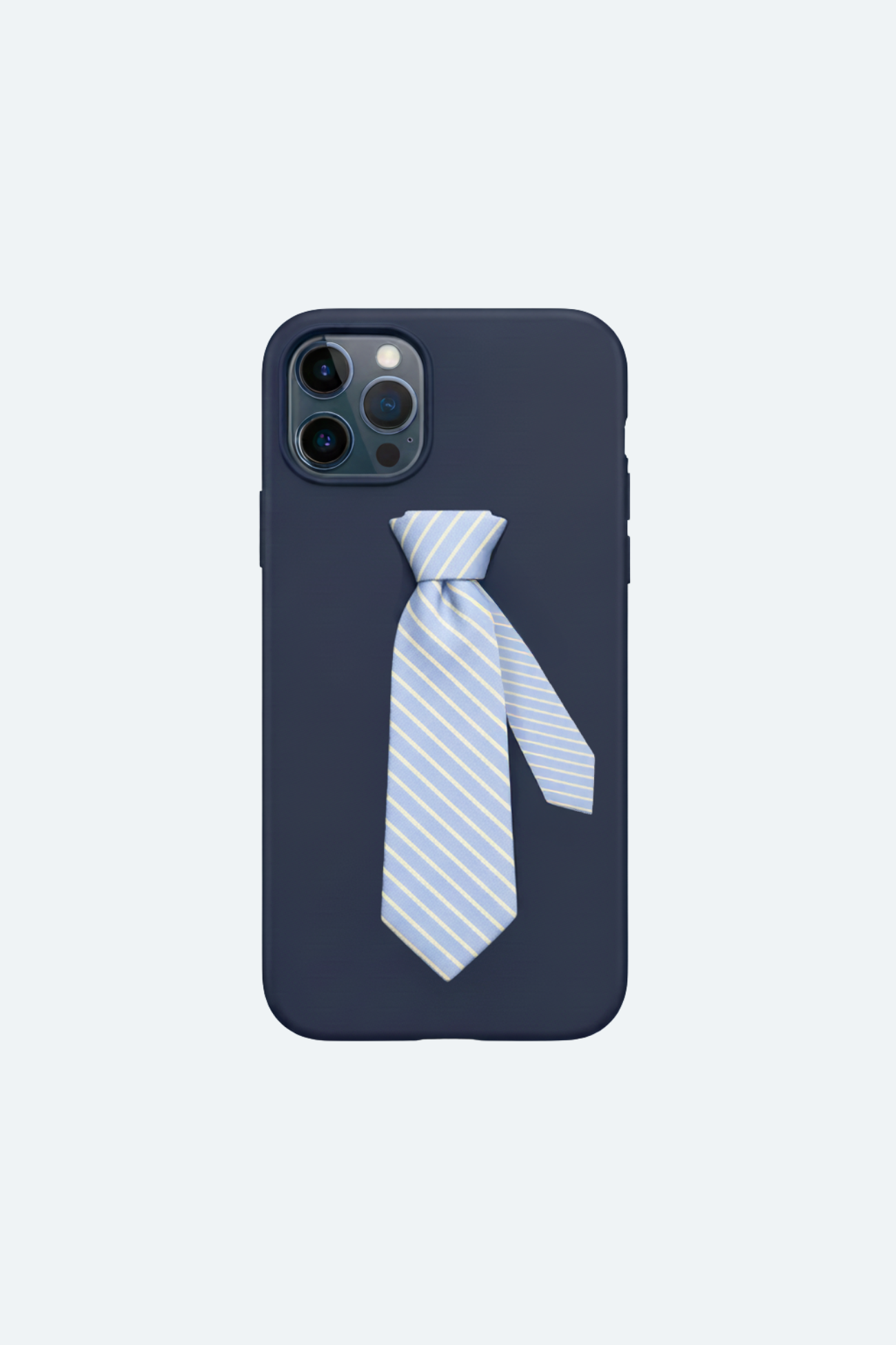 Striped Tie Phone Case Limited Edition featuring a sleek navy base with a sculptural light blue and white diagonal striped tie accent, inspired by bespoke New York designer tailoring.