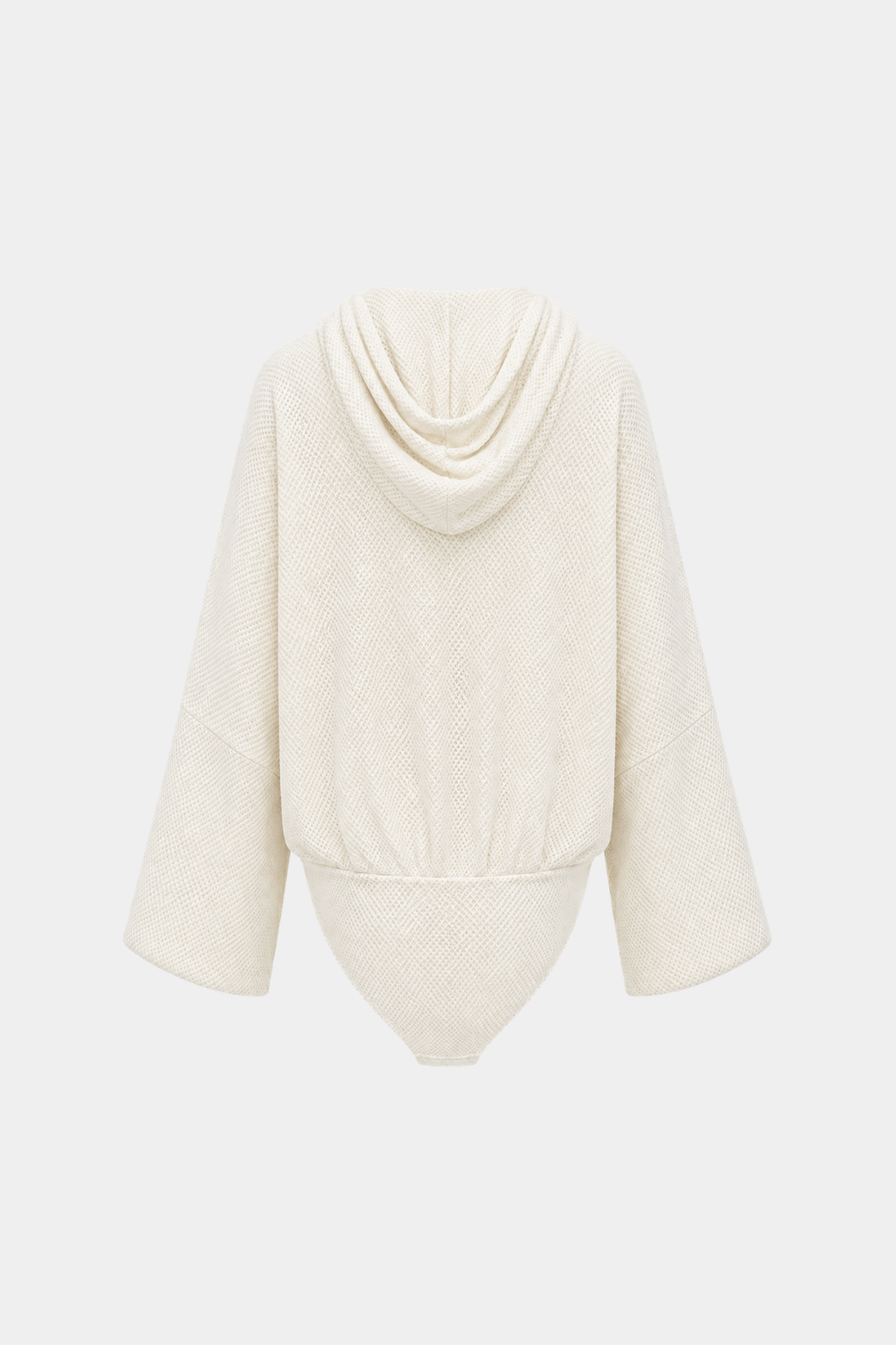 Back view of Ivory Textured Hooded Bodysuit crafted in a soft textured fabric with wide sleeves, a draped hood, and a tailored sculptural silhouette reflecting SHAO New York luxury designer fashion and bespoke tailoring.