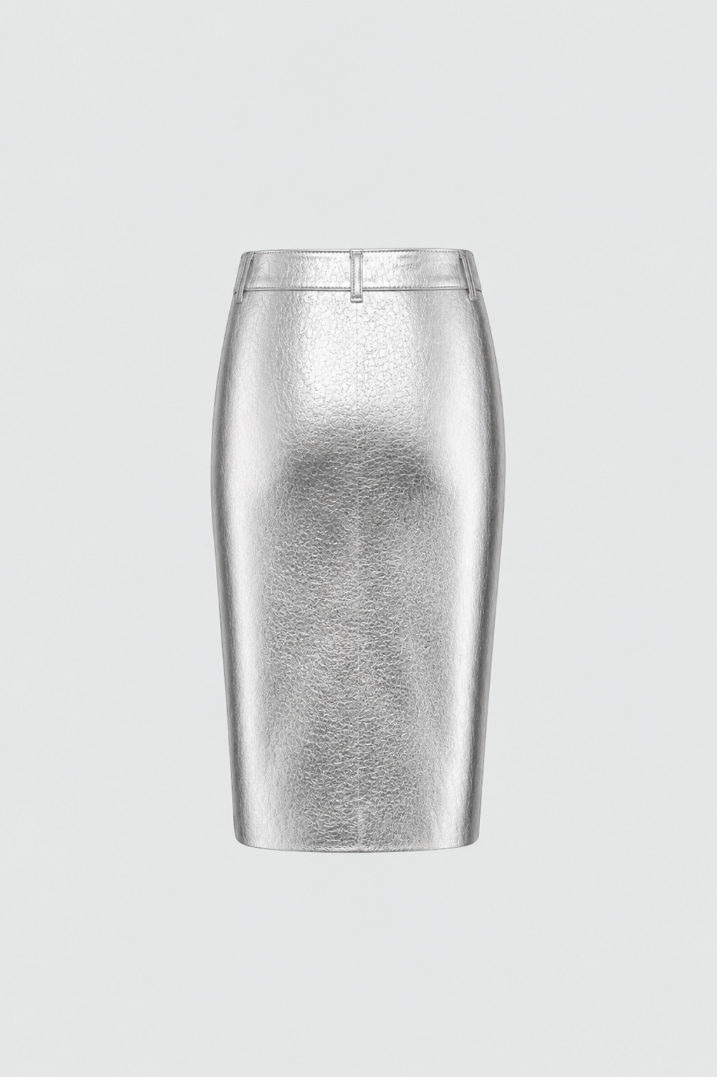 Silver Metallic Leather Cargo Pencil Skirt with a smooth polished finish, featuring a streamlined silhouette, belt loops, and subtle cargo-inspired details, exemplifying luxury bespoke tailoring.