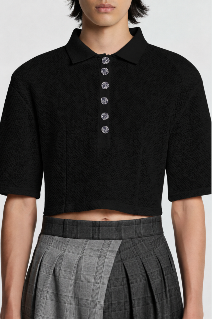 Black Textured Cropped Polo Top