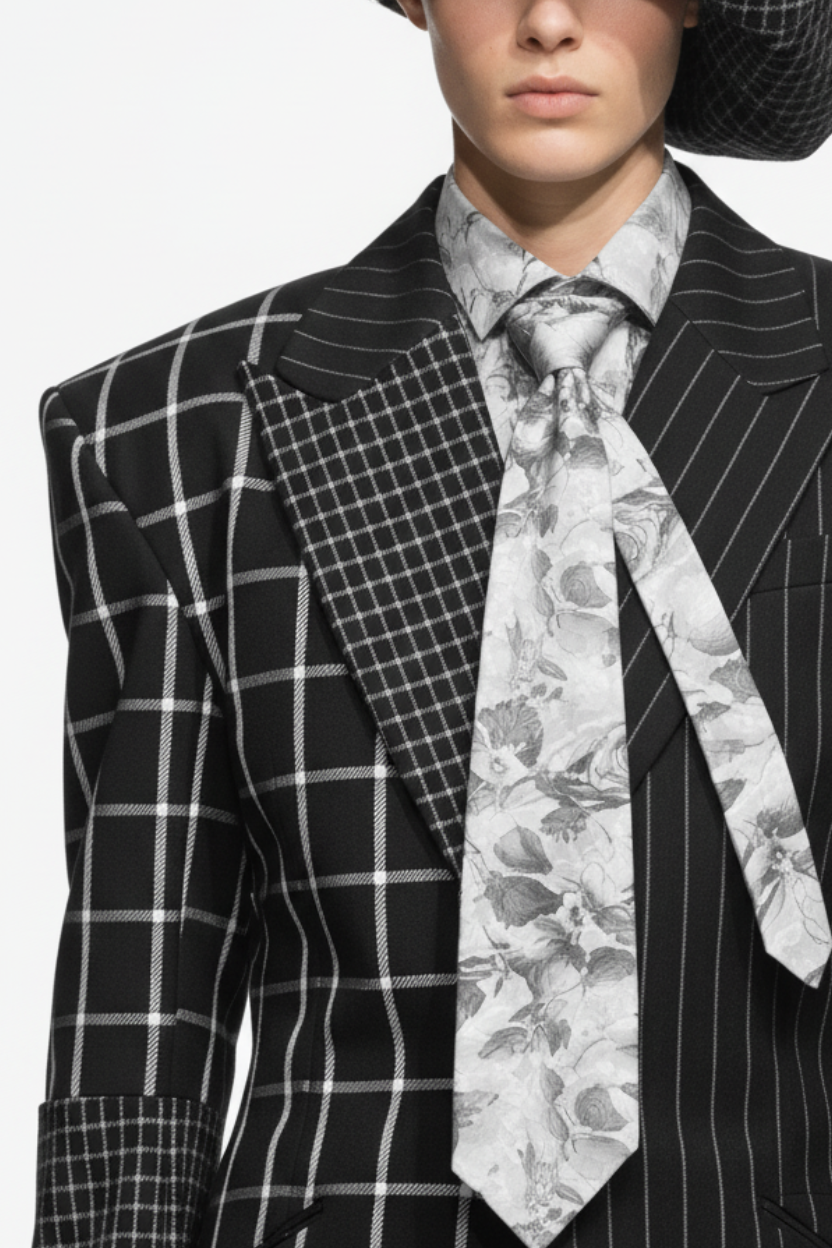 Close-up front view of Structured Pinstripe and Windowpane Blazer showcasing a bold mixed-pattern design with contrasting windowpane, pinstripe, and small check panels, sharp tailoring, and a sculptural lapel in luxury bespoke New York designer fashion.