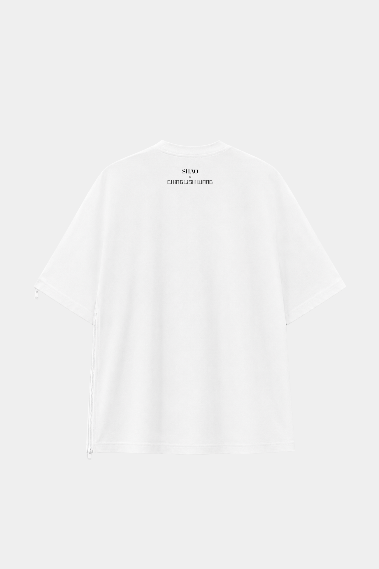 Back view of the SHAO x CHiNGLiSH WANG T-Shirt No. 7 in white, featuring minimalist black logo text near the neckline and a subtle side zipper detail, reflecting SHAO New York luxury designer fashion.
