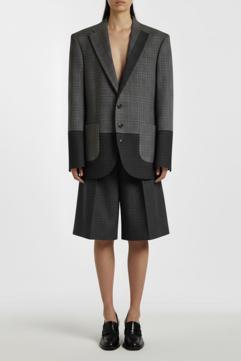 Front view of Color Block Plaid Wool Blazer showcasing contrasting plaid panels, structured shoulders, and a tailored silhouette paired with matching knee-length wide-leg shorts in luxury bespoke tailoring by SHAO New York.