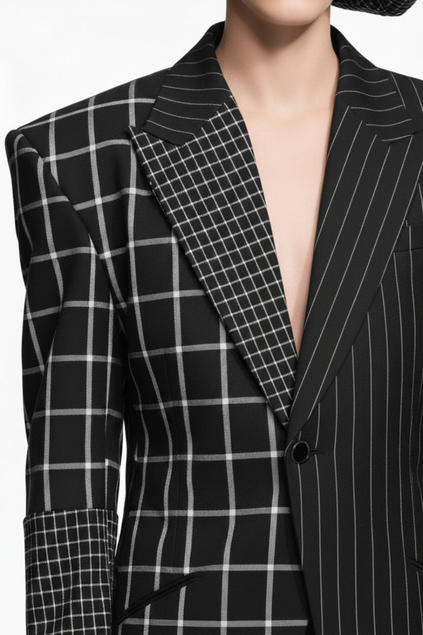 Close-up front view of Structured Pinstripe and Windowpane Blazer featuring a sophisticated patchwork of windowpane, pinstripe, and grid patterns with sharp lapels and bespoke New York tailoring.