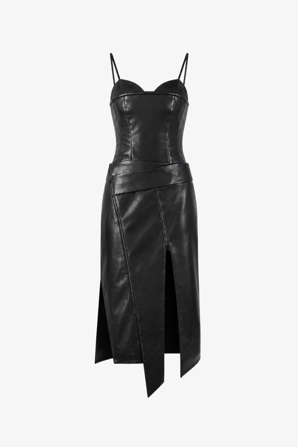 Sleek Vegan Leather Biker Dress featuring a fitted bodice with thin straps, sculptural paneling, an asymmetric belted waist, and a front slit, embodying SHAO New York bespoke tailoring.