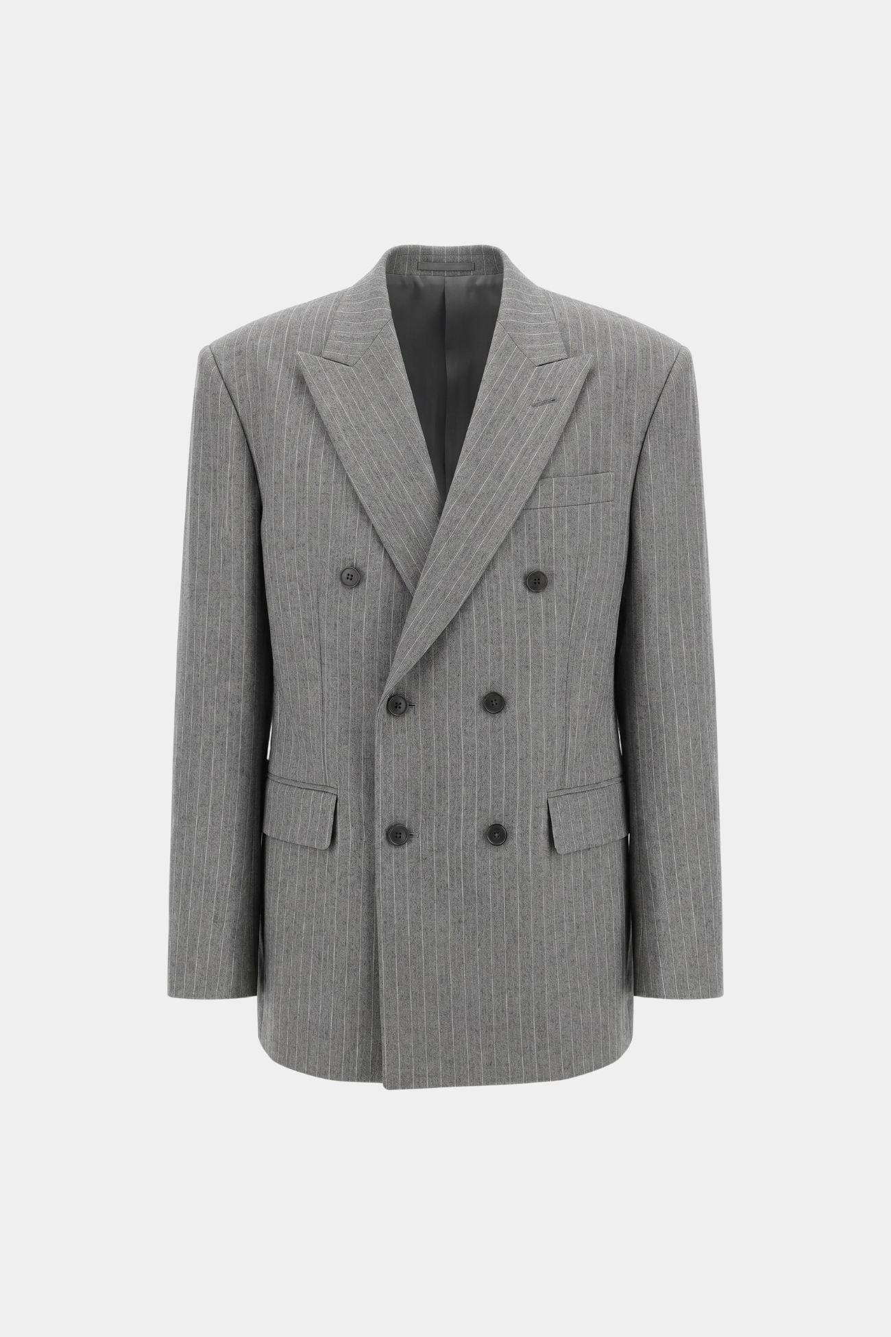 Grey Pinstripe Boxy Double Breasted Blazer featuring tailored peak lapels, structured shoulders, and a relaxed fit with fine vertical pinstripes, showcasing SHAO New York bespoke tailoring and luxury designer fashion.