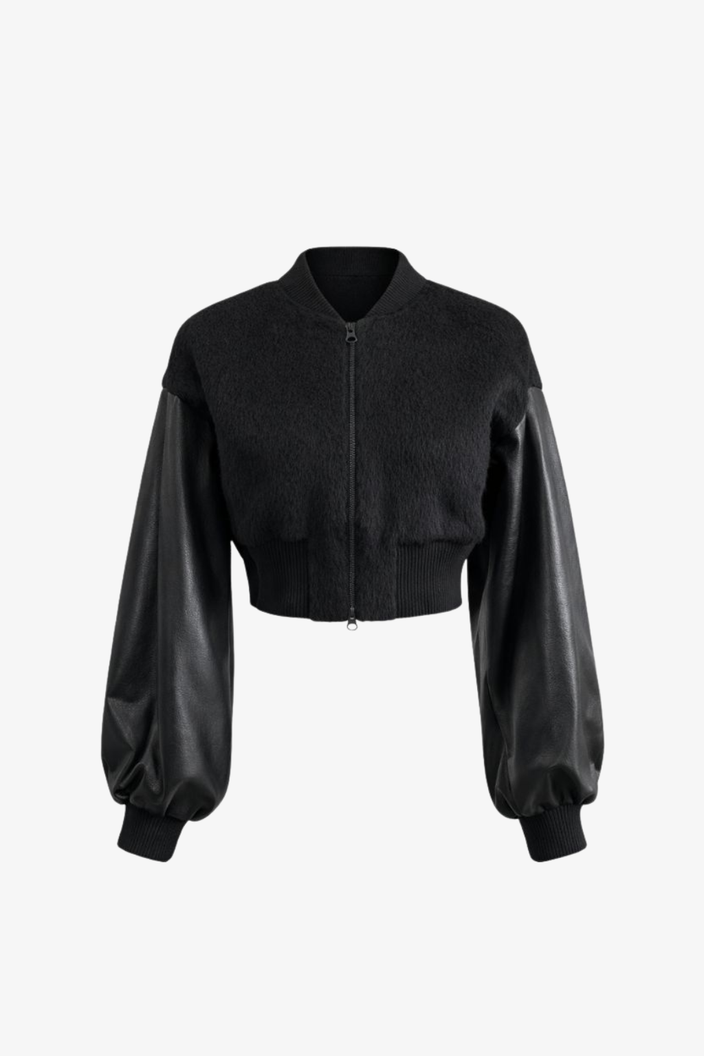 Cropped Alpaca and Leather Bomber Jacket featuring a cropped silhouette with textured alpaca body and voluminous leather sleeves, accented by ribbed cuffs and hem for a sculptural luxury designer fashion look.