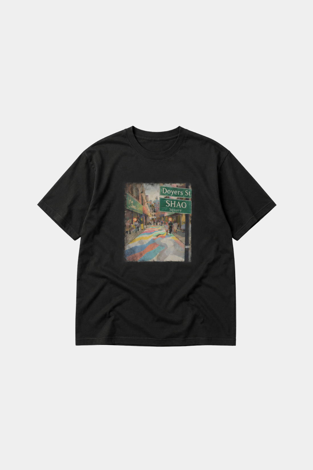 NYC Icons | SHAO "Doyers Street" Boxy T-shirt in black featuring a vibrant street scene graphic with colorful painted pavement and green street signs, reflecting SHAO New York luxury designer fashion.
