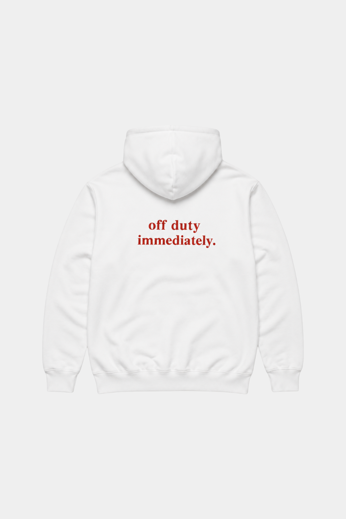 White Year of the Horse Graphic Hoodie in soft white fabric featuring bold red "off duty immediately." text on the back, blending casual comfort with SHAO New York’s luxury designer fashion.