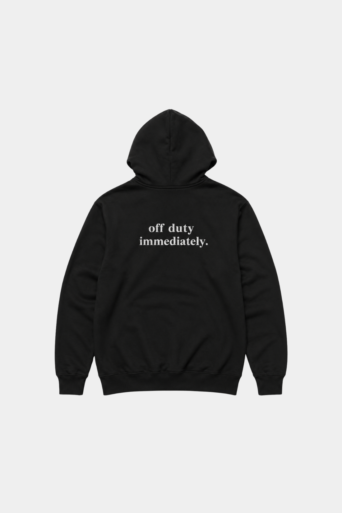 Black Year of the Horse Graphic Hoodie in soft black fabric featuring minimalist white text "off duty immediately." on the back, blending SHAO New York luxury designer fashion with casual comfort.