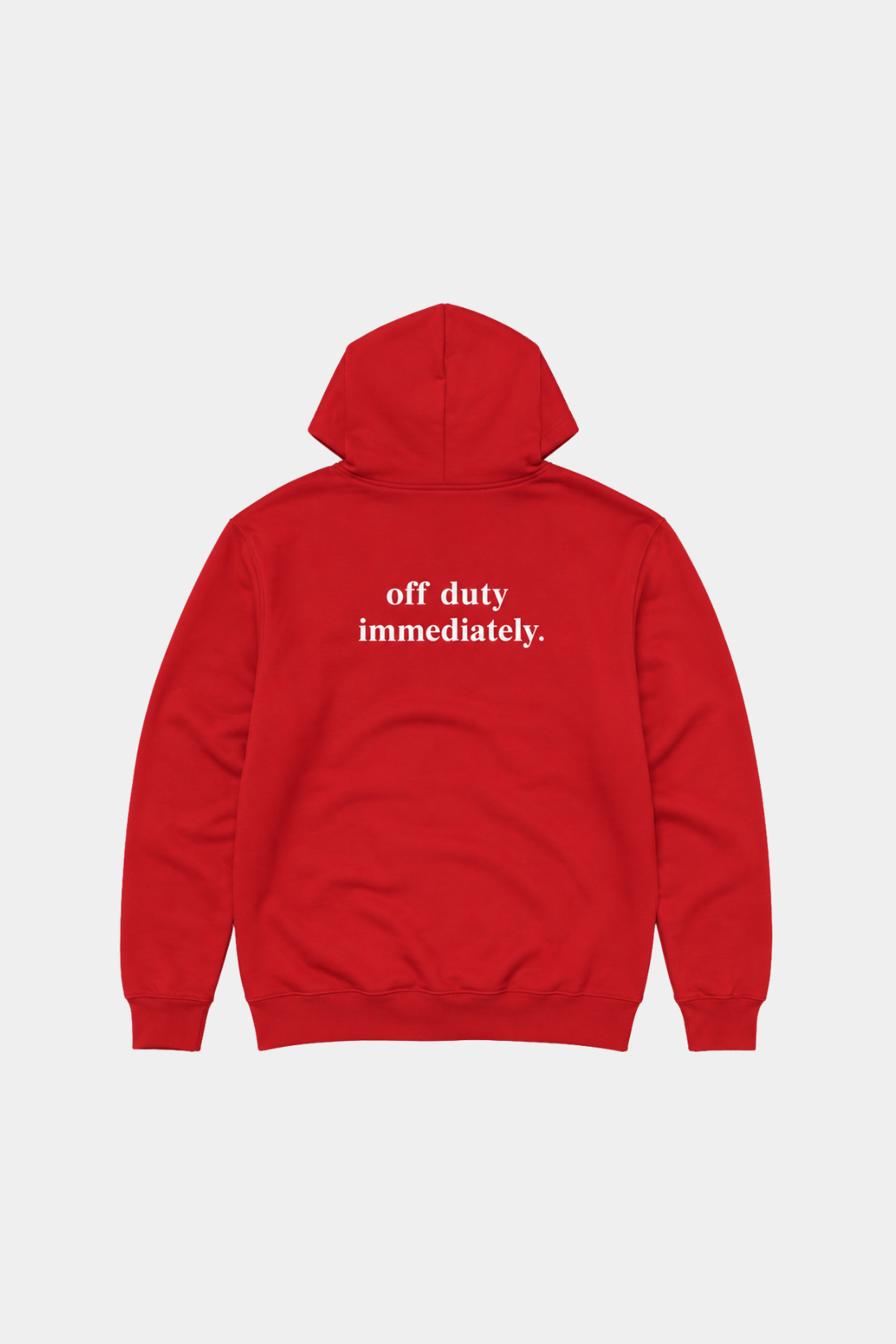 Red Year of the Horse Graphic Hoodie in vibrant red fabric featuring white text "off duty immediately." on the back, showcasing SHAO New York’s luxury designer fashion with a relaxed, contemporary style.