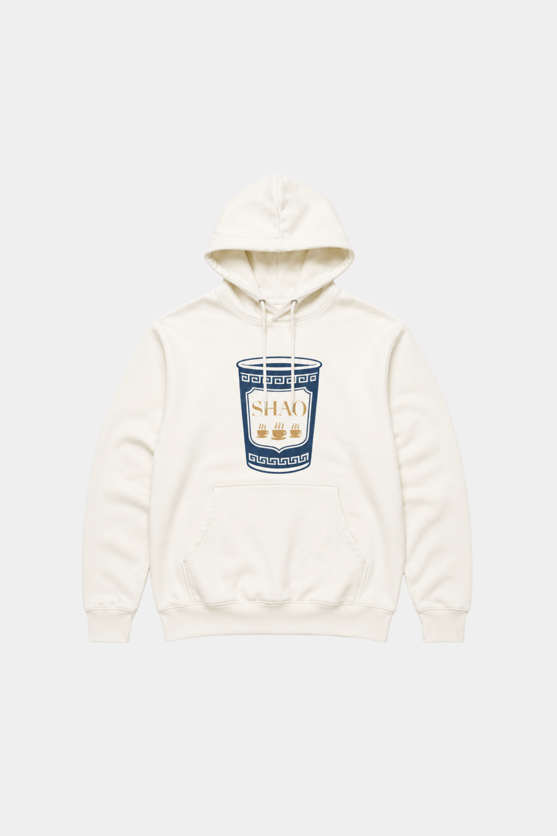 Cream SHAO Cup Graphic Hoodie crafted in soft fabric, featuring a casual fit with a front pouch pocket and a bold navy and gold cup motif, reflecting SHAO New York luxury designer fashion.
